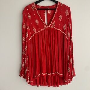 Free People Red boho style dress with pattern embroidery